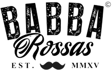 Schwarz-weißes Logo von Babba Rossas mit großen schablonenhaften Buchstaben „BABBA“, darunter geschwungener Schriftzug „Rossas“ und darunter ein Schnurrbart-Symbol mit der Gründungsangabe „EST. MMXV“.